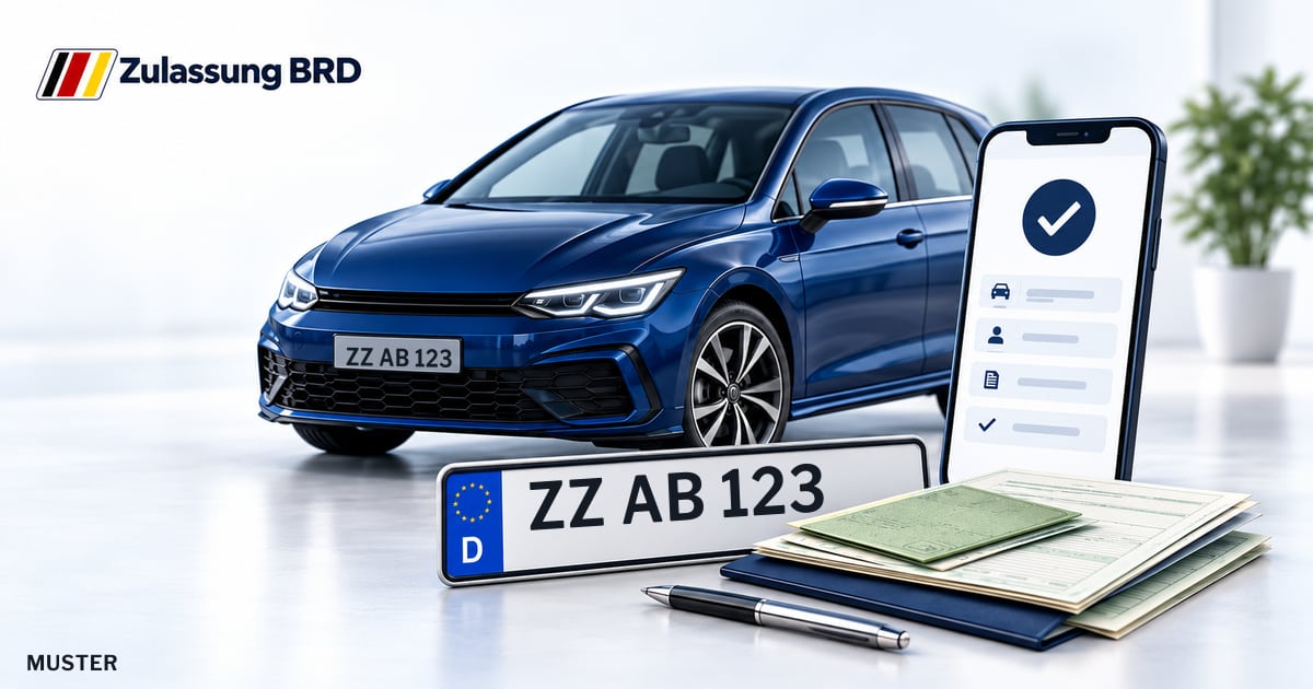 Online Fahrzeugzulassung in Burgenlandkreis: Musterkennzeichen ZZ AB 123, Auto und Fahrzeugpapiere und Smartphone. Illustration mit Logo von Zulassung BRD.
